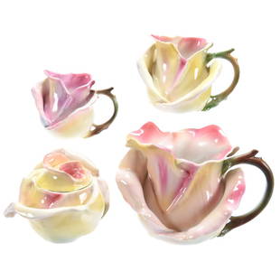 (4) Figural Rose Items Royal Bayreuth Blue Mark: (4) Figural Rose Items - Royal Bayreuth Blue Mark - (1) 4.25" Milk Pitcher - (1) 3.5" Large Creamer - (1) 3" Small Creamer - (1) 3.5" Covered Sugar (Interior Repair to Lid) - All in Pink and Yellow