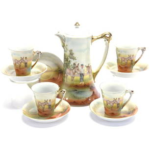 Chocolate Set Royal Bayreuth Blue Mark: Chocolate Set - Royal Bayreuth Blue Mark - 8.5" Pot - Boy and Donkey Scenic Decor - (4) Matching Cups and Saucers - (1) Extra Saucer - Lid of Chocolate Pot Has Chip on Lower Edge (Does Not Show)