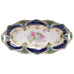 Relish Tray Marked R.S. Prussia 9.5": Relish Tray - Marked R.S. Prussia - 9.5" - Mold #82 - Cream Center with Snowball and Rose Decor - Cobalt Blue and Green Border - Green Jewel Highlights