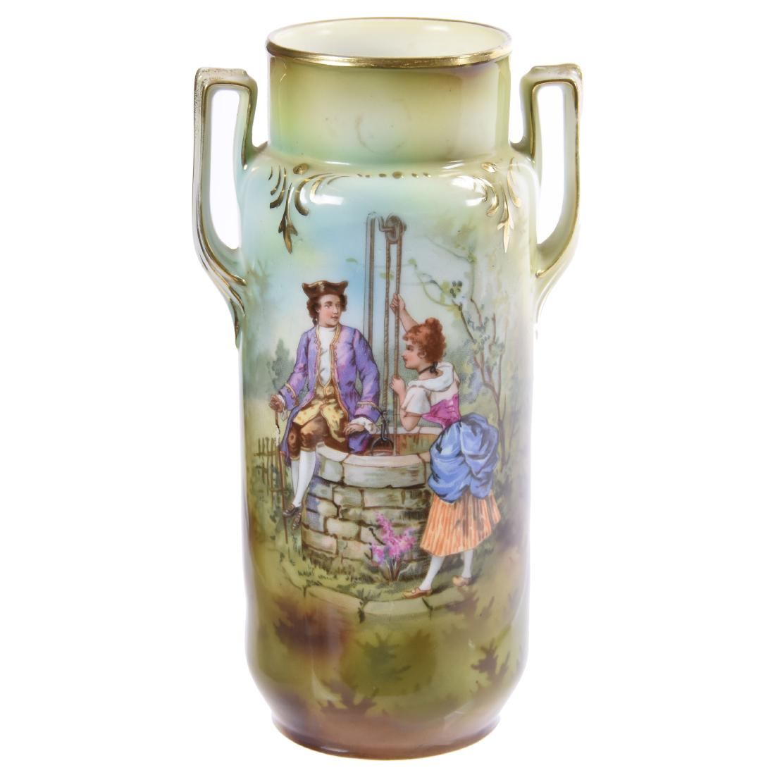 Two Handled Vase Marked R.S. Prussia 8.75": Two Handled Vase Marked R.S. Prussia - 8.75" - Jungle Green Background with Rare Wishing Well Scenic Decor