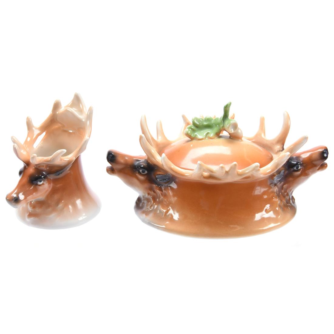 (2) Figural Elk Items Royal Bayreuth: (2) Figural Elk Items - Royal Bayreuth - (1) 3" Toothpick Holder, Green Mark - (1) 3.25" X 6" Oval Covered Sugar