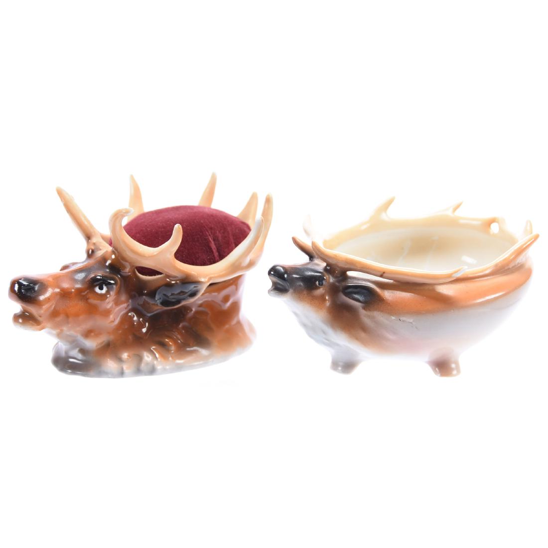(2) Figural Elk Items Royal Bayreuth Blue Mark: (2) Figural Elk Items - Royal Bayreuth Blue Mark - (1) 3" Pin Cushion - (1) 2.5" X 5.5" Bowl