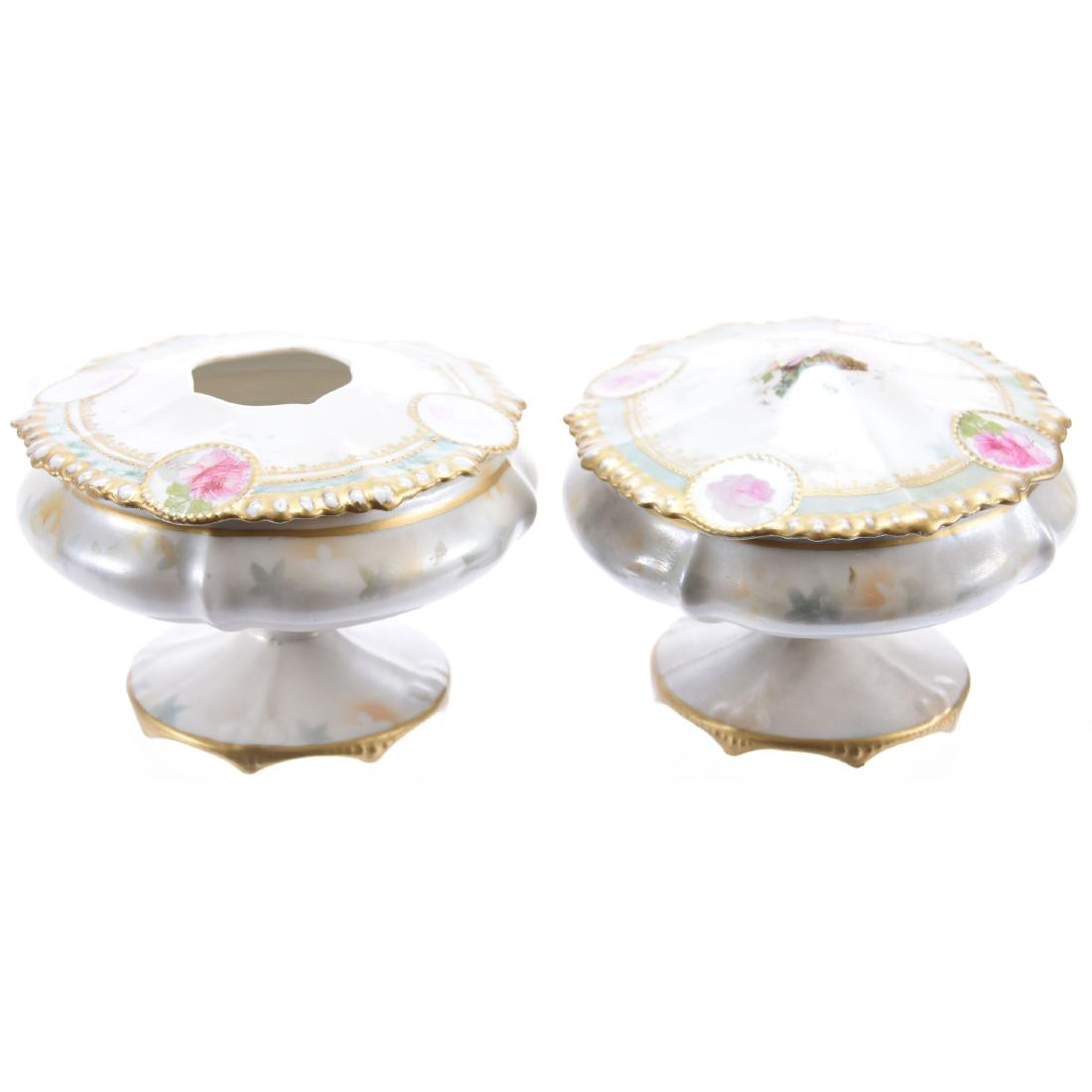 Pedestal Set Marked R.S. Prussia: Pedestal Set Marked R.S. Prussia - 4" X 5" - Pedestal Hair Receiver and Powder Box - White Satin Background with Green Border - Medallion Mold with Hanging Basket Decor and Medallions with Rose Decor