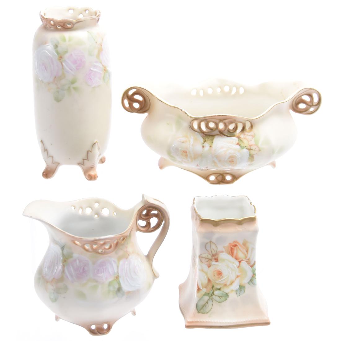 (4) Hand-painted Ivory Items Royal Bayreuth Blue Mark: (4) Hand-painted Ivory Items Royal Bayreuth Blue Mark - (1) 4.5" Footed Vase - (1) 3" Creamer - (1) 5.25" Oval Sugar - (1) 3" Square Toothpick Holder