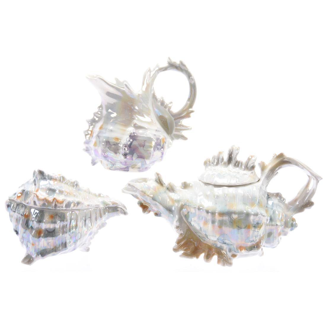 Figural Spiky Shell Tea Set Royal Bayreuth: Figural Spiky Shell Tea Set - Royal Bayreuth - Three Piece Set - Tea Pot, Creamer, and Sugar with Lid - Blue Mark