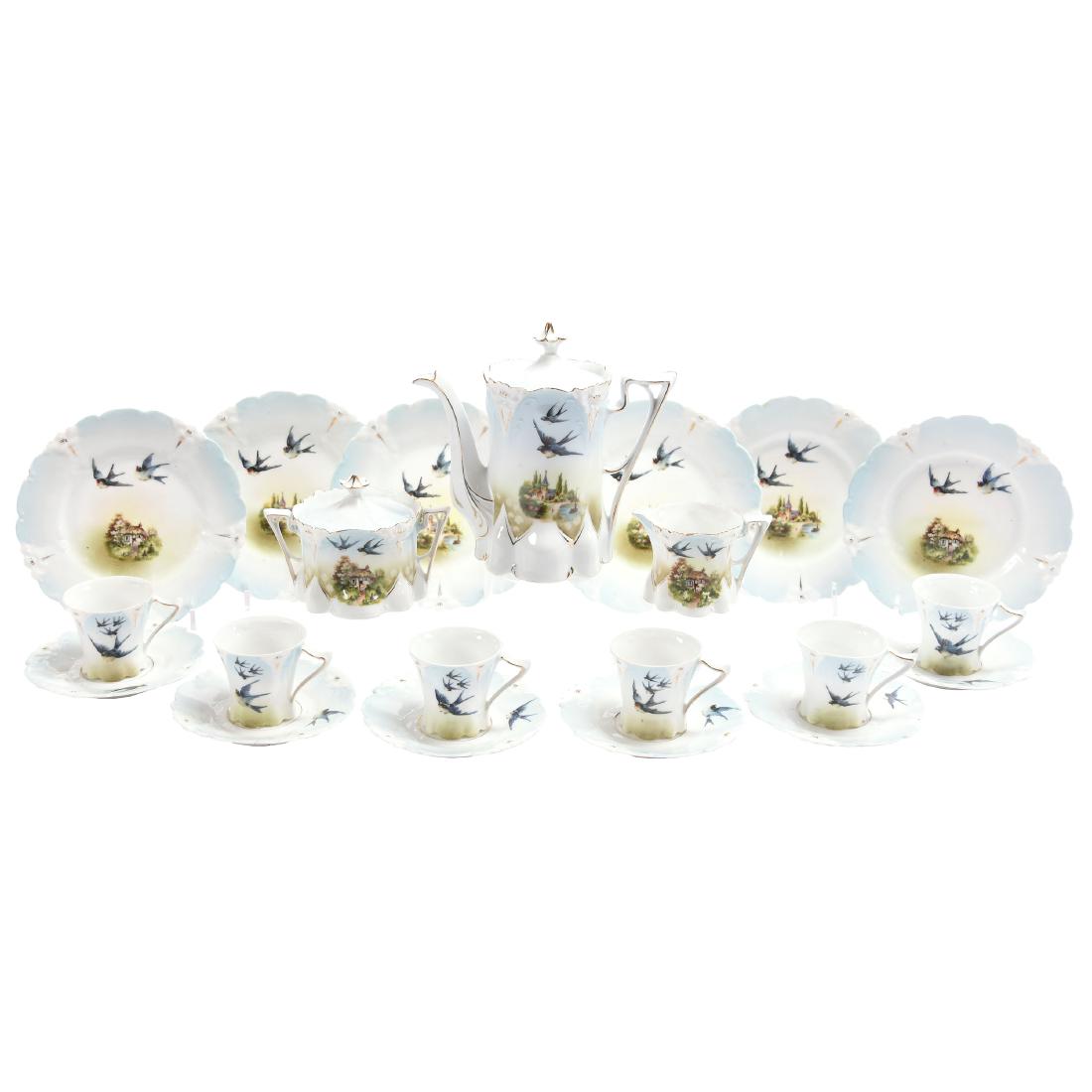 Twenty-One Piece Child's Tea Set: Twenty - One Piece Child's Tea Set - 6" Teapot - Lily Mold - Blue and White Tones with Castle and Blue Bird Scenic Decor