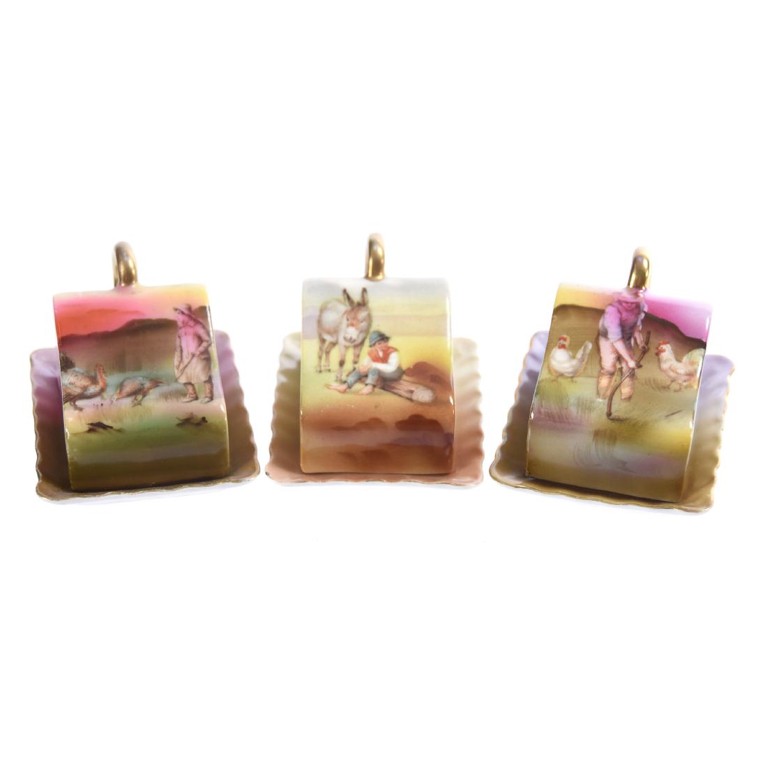 (3) Miniature Cheese Dishes Royal Bayreuth: (3) Miniature Cheese Dishes - Royal Bayreuth - 2" X 3" - Unmarked - (1) Boy & Donkey Scenic Decor - (1) Man with Turkeys Scenic Decor - (1) Man with Chickens Scenic Decor