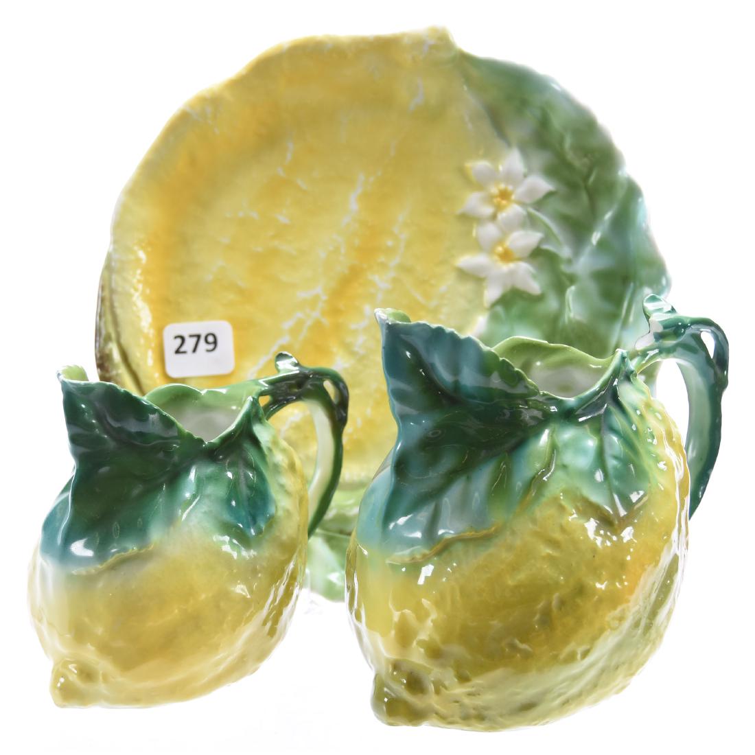 (3) Figural Lemon Items Royal Bayreuth Blue Mark: (3) Figural Lemon Items - Royal Bayreuth Blue Mark - (1) 4.5" Milk Pitcher, Significant Rim and Handle Chips - (1) 3.75" Creamer - (1) 7.25" Plate