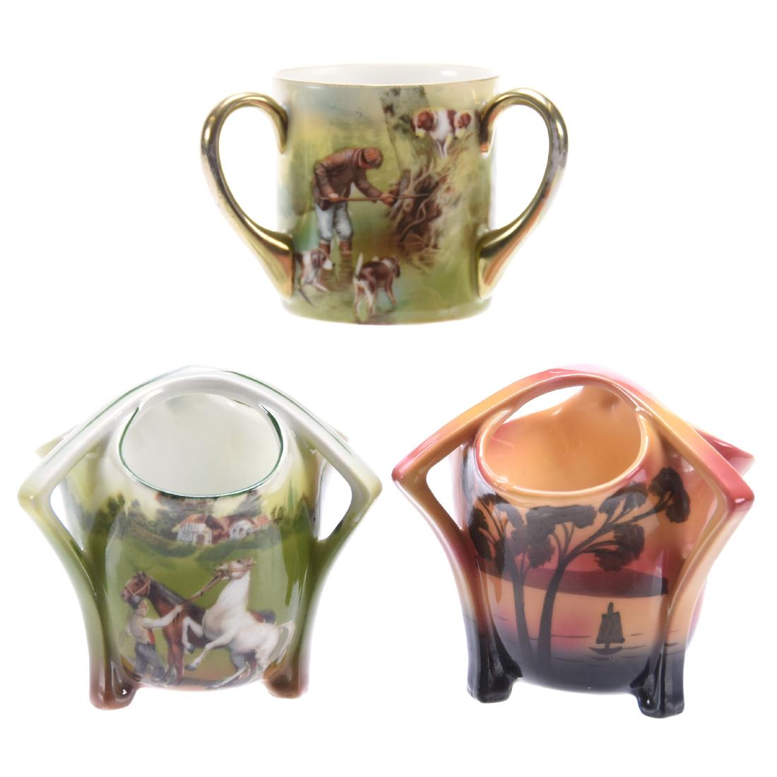 (3) Toothpick Holders Royal Bayreuth Blue Mark: (3) Toothpick Holders - Royal Bayreuth Blue Mark - (1) 3" Man & Two Horses Scenic Decor - (1) 3" Sunset Colors with Sailboat Scenic Decor - (1) 2.25" Man & Hound Dogs Scenic Decor