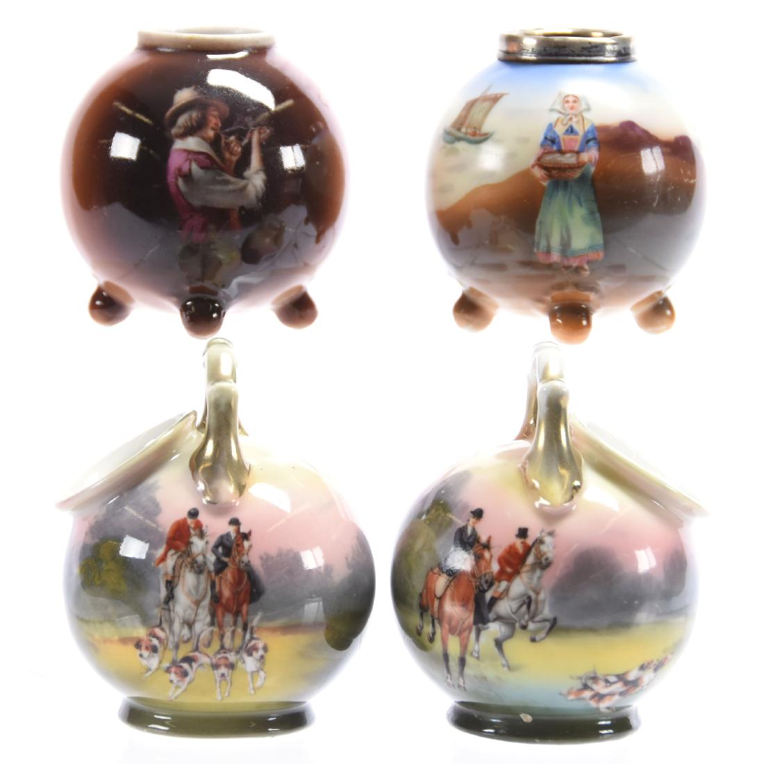 (4) Toothpick Holders Royal Bayreuth Blue Mark: (4) Toothpick Holders - Royal Bayreuth Blue Mark - Ball Shaped - (2) 3" Handled with Fox Hunt Scenic Decor - (1) 2.5" Brown Tones with Portrait of Pipe Smoker - (1) 2.5" Dutch Girl & Sailboat Scenic D