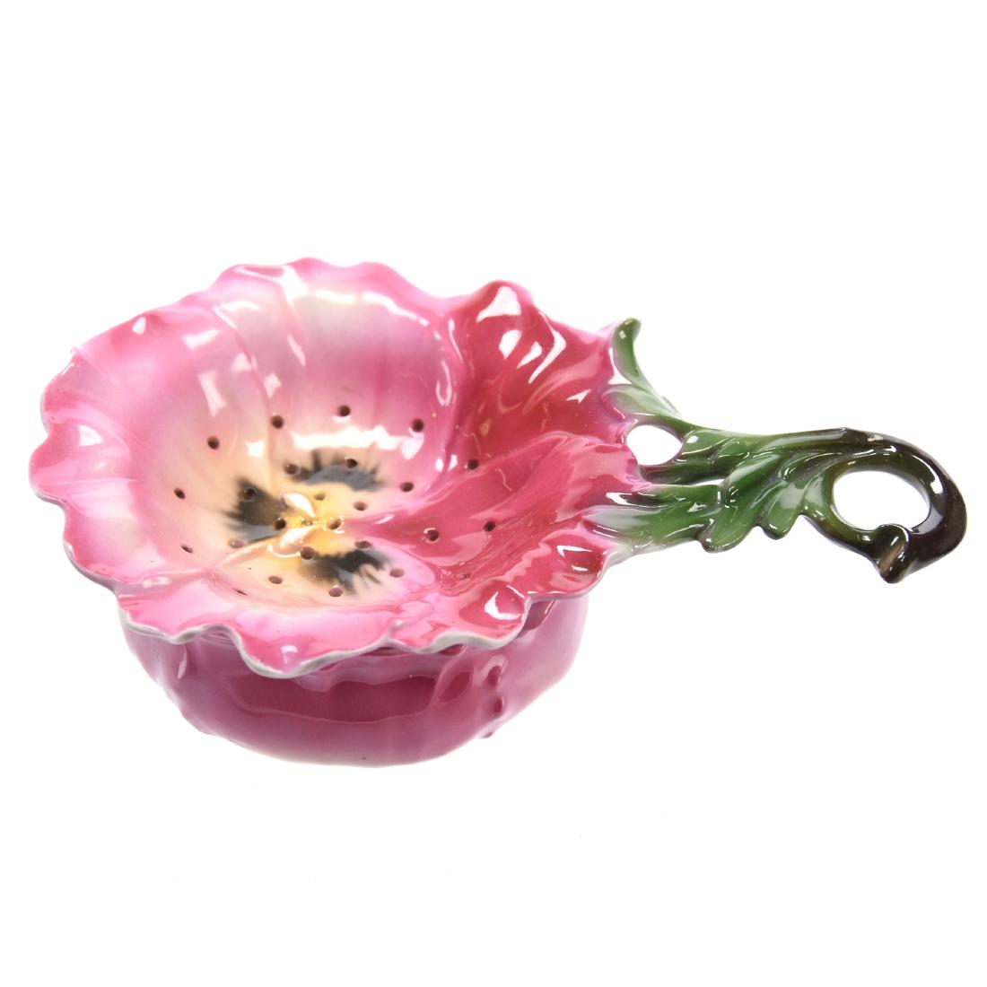 Figural Pansy Tea Strainer Royal Bayreuth Blue Mark: Figural Pansy Tea Strainer - Royal Bayreuth Blue Mark - Pink Tones - 2" X 5.75" Two Piece Strainer with Bowl