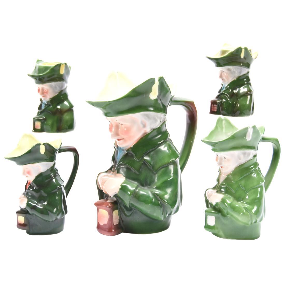 (5) Figural Lamplighter Items Royal Bayreuth: (5) Figural Lamplighter Items - Royal Bayreuth - (1) 7.75" Water - (1) 5.5" Milk - (1) 4.5" Creamer - (2) 3.5" Toothpick Holders (One with Base Repair)