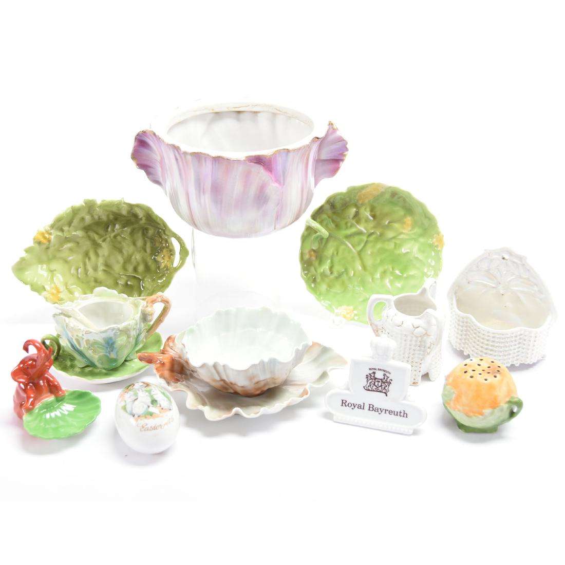 (12) Assorted Royal Bayreuth & Related Items: (12) Assorted Royal Bayreuth & Related Items - (1) 3.5" X 8" Figural Poppy Planter, Lavender & White Satin - (1) 2.5" X 6.75" Figural Shell Bowl with Underplate - (1) 4.5" Figural Oyster & Pearl Hangi