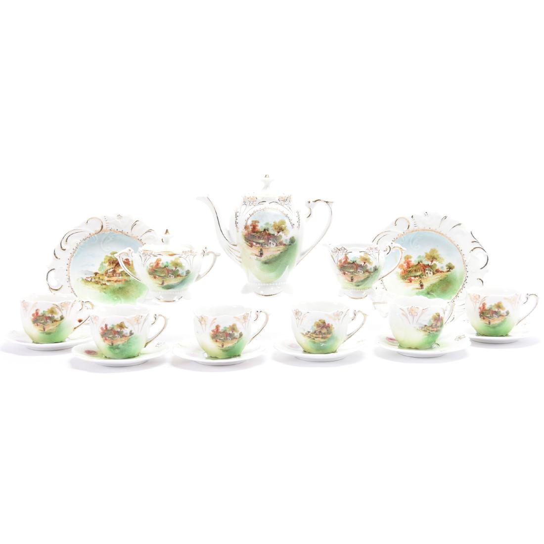 Seventeen Piece Childs Tea Set: Seventeen Piece Childs Tea Set - 5" Pot - White and Green with Old Village Scenic Decor - Set Includes Teapot, Creamer, Sugar with Lid, (6) Cups & Saucers, (2) 5" Dessert Plates - Great Set