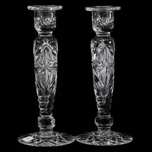 Candlesticks, Star & Fan Motif, Hobstar Foot: Pair Candlesticks - American Brilliant Cut Glass - 10" - Star and Fan Motif - Hobstar Foot - One Top Rim Has Hard to See Bruise