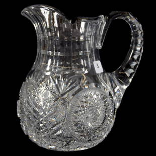 Water Pitcher, Pairpoint, Sparkle Pattern: Water Pitcher - American Brilliant Cut Glass - 8" - Sparkle Pattern by Pairpoint - Circular Hobstar and Herringbone Motif - Triple Notched Handle - Hobstar Base - Matches Lot #2 - UPDATE 5/3/19 -