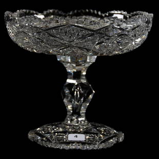 Compote, Hobstar, Strawberry Diamond & Cane Motif: Compote - American Brilliant Cut Glass - 7" X 8" - Hobstar, Strawberry Diamond and Cane Motif - Facet Cut Teardrop Stem - Scalloped Pattern Cut Foot - Great Blank