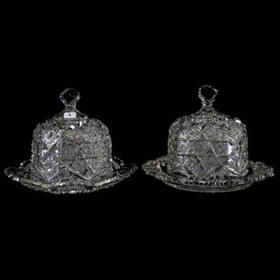 (2) Cheese Dishes, Cluster & Strawberry Diamond Motif: (2) Cheese Dishes - American Brilliant Cut Glass - 7" X 9.75" - Identical Covers Featuring Cluster and Strawberry Diamond Motif - One Has A Matching Underplate - One Has A Nicely Fitted Underplate