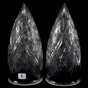 (2) Light Shades, Star Diamond, Bar & Fan Motif: (2) Light Shades - American Brilliant Cut Glass - 9" Bullet Shape - Star Diamond, Bar and Fan Motif - 4" Fitter Rim Diameter