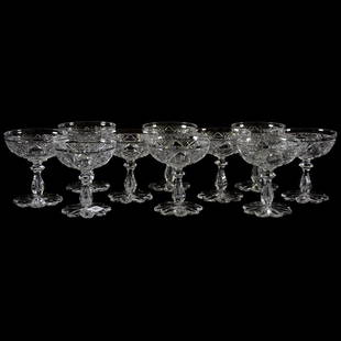 (10) Champagnes Cesica, Diamond & Star Diamond Motif: (10) Champagnes - American Brilliant Cut Glass - 4.5" - Vesica, Diamond and Star Diamond Motif - Notched Teardrop Stem - Scalloped Petal Foot - Match Lots #10 & 12