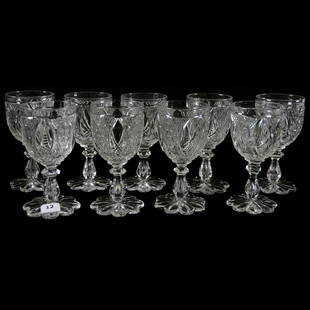 (9) Wines, Cesica, Diamond & Star Diamond Motif: (9) Wines - American Brilliant Cut Glass - 5" - Vesica, Diamond and Star Diamond Motif - Notched Teardrop Stem - Scalloped Petal Foot - Match Lots #10 & 11