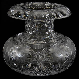 Flower Center, Engraved Butterfly & Floral Motif: Flower Center - American Brilliant Cut Glass - 10" X 12" - Rare Spittoon Shape with Engraved Butterfly and Floral Motif - Ray Cut Base - Clear Blank