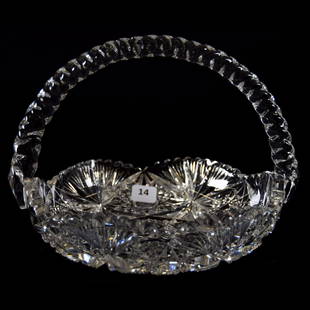 Basket, Hobstar, Strawberry Diamond, & Fan Motif: Basket - American Brilliant Cut Glass - 6.75" X 8" - Hobstar, Strawberry Diamond and Fan Motif - Solid Twist Handle