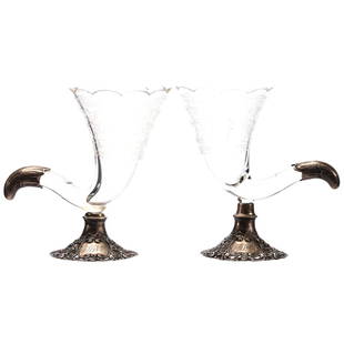Pair Cornucopia Vases, Engraved Floral, Greek Key: Pair Cornucopia Vases - Brilliant Cut Glass - 6.75" X 6.75" - Lightly Engraved Floral, Greek Key and Medallion Motif - Marked German Silver Mountings - Nice Early Pieces