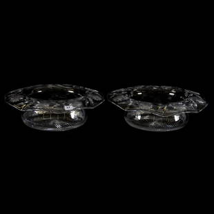 Pair Bowls, Engraved Floral Border, Ray Cut Center: Pair Bowls - American Brilliant Cut Glass - 4" X 12" Engraved Floral Border, Ray Cut Center
