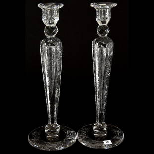 Pair Candlesticks, Engraved Floral Motif: Pair Candlesticks - American Brilliant Cut Glass - 16" - 16" - Six Sided Stems with Engraved Floral Motif - Pattern Engraved Top and Foot - Fantastic Quality