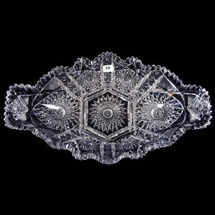 Ice Cream Tray, Hobstar, Strawberry Diamond, Star,: Ice Cream Tray - American Brilliant Cut Glass - 16.25" X 9.5" - Fish Tail Tray - Hobstar, Strawberry Diamond, Star, Prism and Fan Motif