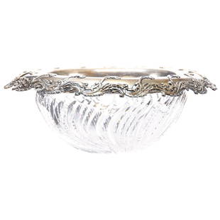 Bowl, Swirl Notched Prism, Tiffany Embossed Sterling: Bowl - American Brilliant Cut Glass - 4.25" X 11" - Unique Swirled Notched Prism Design with Tiffany Embossed Sterling Silver Rim Enhancing the Bowl