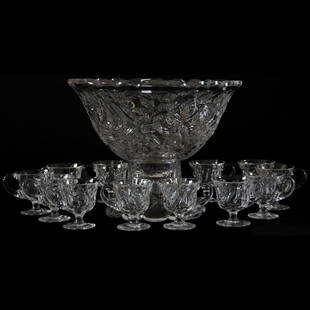 Punch Set, Engraved Pear & Apple Decor: Punch Set - American Brilliant Cut Glass - 11" X 14" Punch Bowl - Deeply Engraved Design of Pear and Apple Decor - Pattern Matched Base - Selling with (12) Pedestal Pattern Matched Punch Cups -