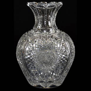 Vase, Hobstar, Prism, & Star Button Motif: Vase - American Brilliant Cut Glass - 11" X 8" - Wonderful Hobstar, Prism, and Star Button Motif - Hobstar Base