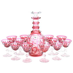 Decanter Set, Durand, Punte & Swirled Pillar: Decanter Set - American Brilliant Cut Glass - 11.25" Decanter - Cranberry Cut to Clear - Punte and Swirled Pillar Design - Neck with Three Facet Cut Rings - Selling with (12) Matching 4" Wine Glasses