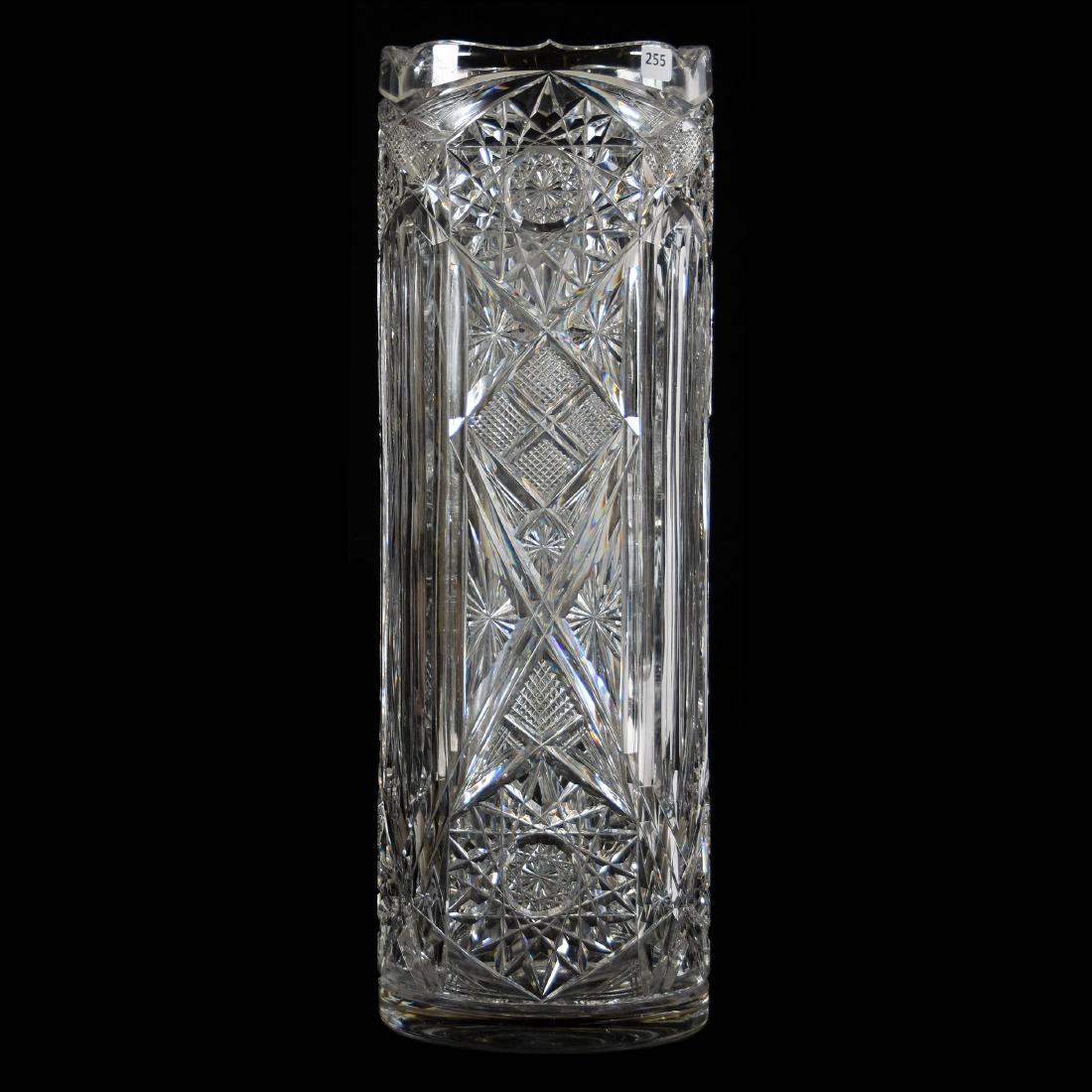 True Umbrella Stand, Hobstar, Strawberry Diamond, Star: True Umbrella Stand - American Brilliant Cut Glass - 21.5" X 7.25" - Hobstar, Strawberry Diamond, Star, and Vertical Notch Motif - 0.625" Thick Blank - Fingernail Size Rim Chip