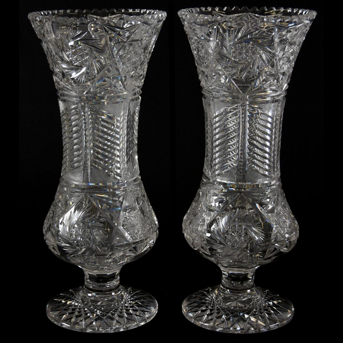 Pair Pedestal Vases, Hobstar, Pinwheel, Herringbone: Pair 18" Pedestal Vases - American Brilliant Cut Glass - Hobstar, Pinwheel, Herringbone, and Strawberry Diamond Motif - Thick Pedestal, Large Hobstar Foot - Nice Set!