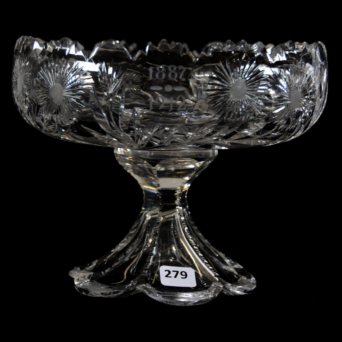 Compote, Engraved Butterfly & Daisy Motif: Compote - American Brilliant Cut Glass - 6.25" X 8" - Engraved Butterfly and Daisy Motif with Engraved Anniversary Date "1887 - 1912" - Heavy Petticoat Foot - (2) Teeth Are Chipped