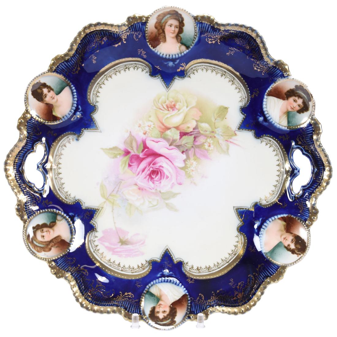 Two Handled Cake Plate, Marked R.S. Prussia 11.25": Two Handled Cake Plate, Marked R.S. Prussia - 11.25" - Medallion Mold - Cream Center with Rose Decor - Cobalt Blue Border with Medallion Portraits: Lebrun with Ribbon; Potocka & Recamier - Nice Gold!