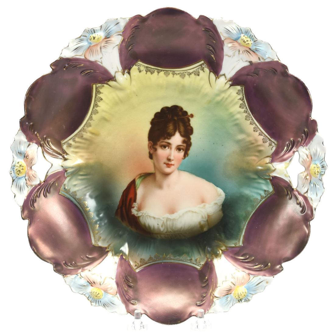 Two Handled Cake Plate, Unmarked R.S. Prussia 11": Two Handled Cake Plate, Unmarked R.S. Prussia - 11"- Lily Mold - Recamier Portrait on Green Background with Bronze Border