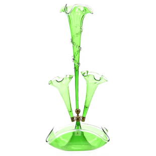 Three Lily Epergne, Art Glass: Art Glass Three Lily Epergne, 21" X 9" Green with Clear Applied Rim and Rigaree, Square Base