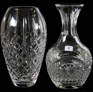 (2) Crystal Items, Signed Waterford: (2) Crystal Items Signed Waterford; (1) 9.5" Water Carafe, Diamond and Fan Motif, Artist Signed and Dated; (1) 9" Vase with Diamond Motif, Personalized "Barbara and Ray, 5th December 1992"