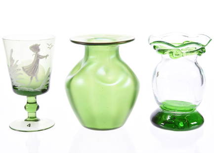 (3) Green Art Glass Items: (3) Green Art Glass Items, All 4.5" in Height; (1) Iridescent Loetz Style Vase; (1) Clear Vase with Green Base and Rim; (1) Wine with Mary Gregory Decor