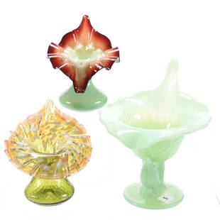 (3) Jack in Pulpit Vases: (3) Jack in Pulpit Art Glass Vases; (1) 7.25" Opaque Green with Figural Pheasant Stem; (1) 5.25" Cased Green Opaque with Ruffled Red Rim; (1) 5.25" Green Diamond Body with End of Day Highlights