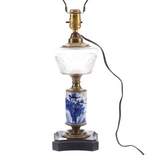 Table Lamp Base, Keystone Font, Electrified: Table Lamp Base 12" to Top of Font, Clear Keystone Font, Electrified, Decorated Blue and White Stem with Bird Decor, Metal Base, 25.5" to Top of Finial