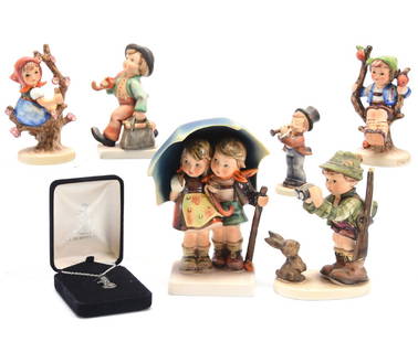 (6) Hummel Figurines; (1) Pendant: (6) Hummel Figurines & (1) Pendant; (1) Good Hunting #307; (1) Merry Wanderer #11 2/0; (1) Apple Tree Boy #142 3/0; (1) Apple Tree Girl #141 3/0; (1)Serenade #85 4/0; (1) Stormy Weather #71; (1) Sterl