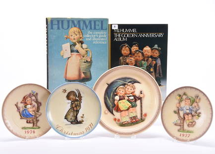 (6) Assorted Hummel Items: (6) Hummel Related Items; (1) 1971 Limited Edition Christmas Plate; (1) 1976 Annual Plate; (1) 1977 Annual Plate; (1) 1975 First Edition Anniversary Plate, All with Original Boxes; (1) Book, Hummel