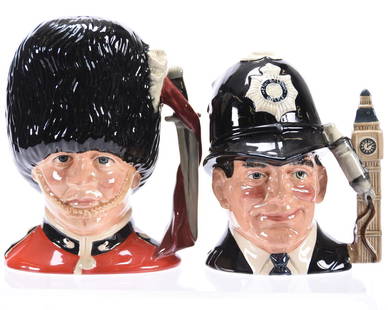 (2) Toby Mugs, Royal Doulton: (2) Royal Doulton Toby Mugs; (1) 8" The Guardsman #D6755; (1) 7" The London Bobby #D6744