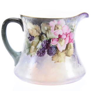 Cider Pitcher, Marked Limoges Hand-Painted: Cider Pitcher Marked Limoges Hand-Painted, 6" Blackberry and Blossom Decor, Artist Signed and Dated 1906