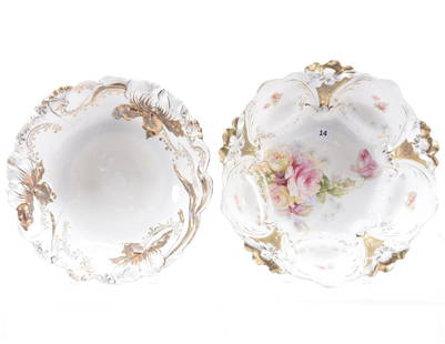 (2) Bowls, Unmarked Prussia: (2) Unmarked Prussia Bowls; (1) 10.5" Lily Mold, White with Gold Trim Highlights, Pink and Yellow Rose Decor, Some Stencil Wear; (1) 10" Iris Variation Mold, White with Gold Trim Highlights